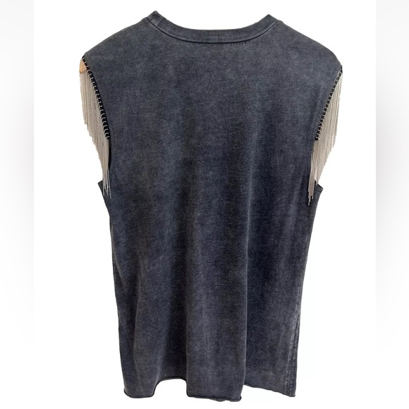 Silver Beaded Fringe Washed Black Grey Western T Shirt Tank Top NWOT Size M - Picture 6 of 9